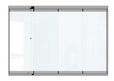 Illustration of a frameless glass bifolding doors closed