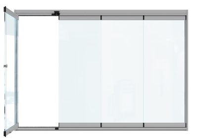 Illustration of a frameless glass bifolding doors first panel open