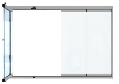 Illustration of a frameless glass bifolding doors half open