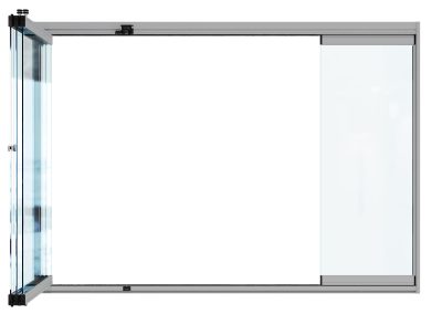 Illustration of a frameless glass bifolding doors 4 panels open