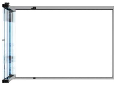 Illustration of a frameless glass bifolding doors open