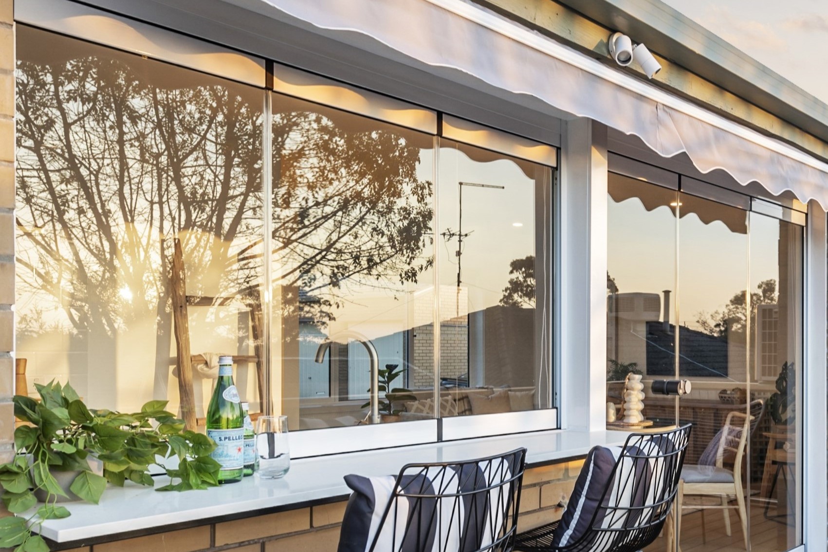 Servery window with evening sky